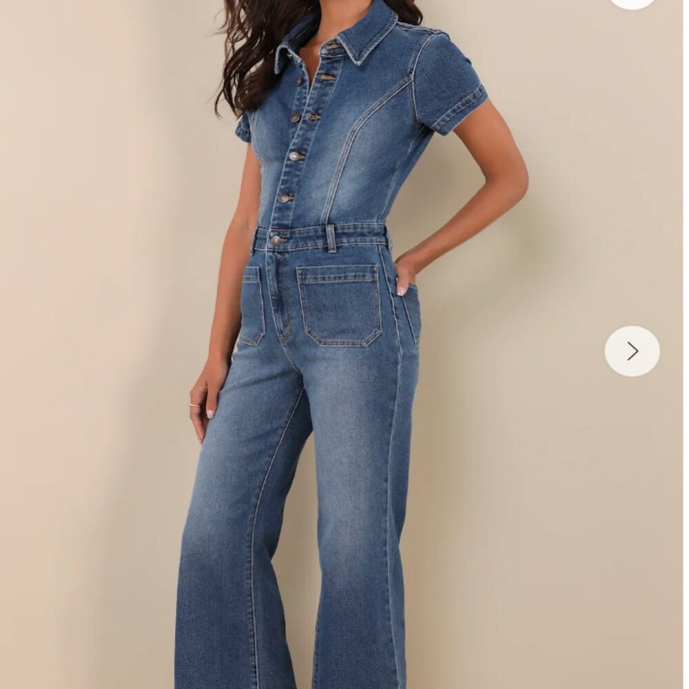 ROLLA'S Sailor Dark Wash Short Sleeve Jumpsuit - Blue Denim - Picture 2 of 5